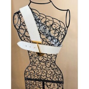 VTG Calderon White Textured Lizard Leather Belt Gold Buckle Made in USA L